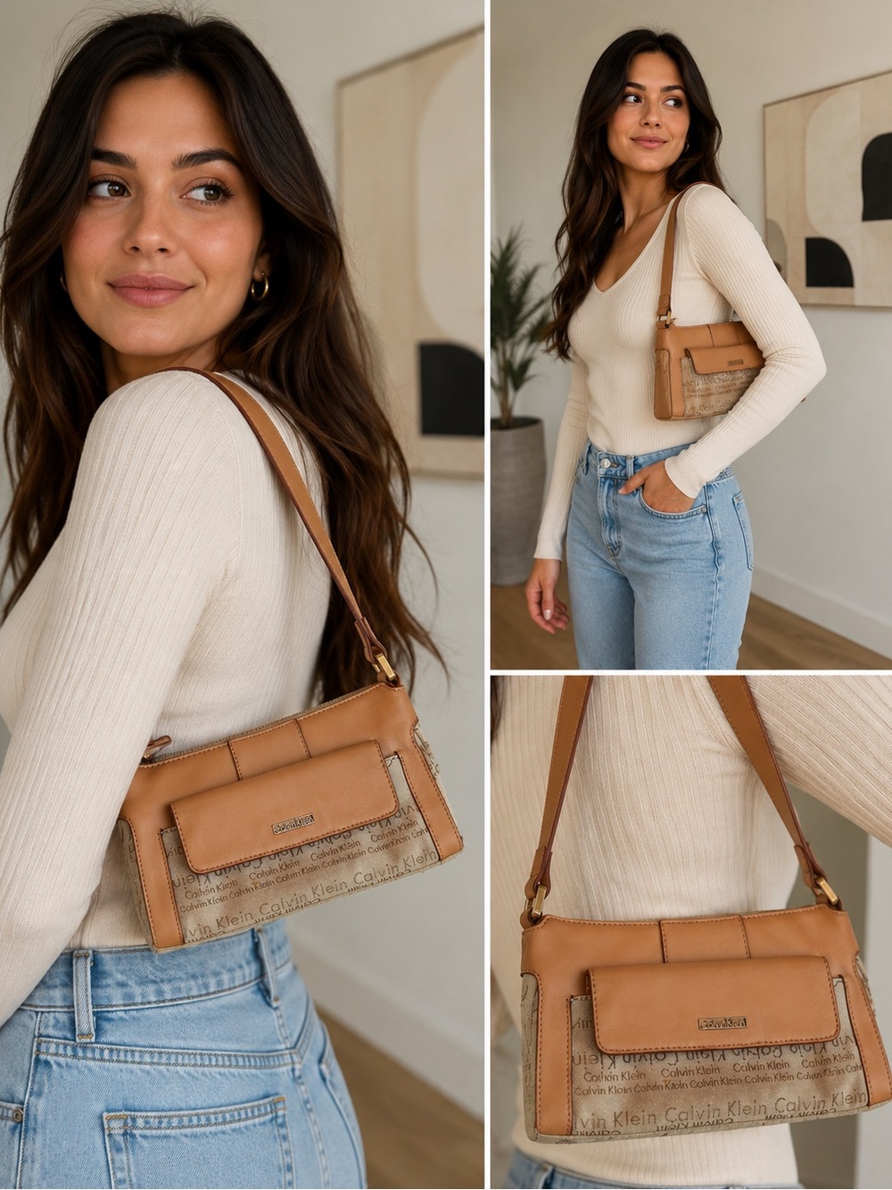 Rare Vintage Calvin Klein Y2K Tan
Monogram Canvas Leather Shoulder Bag Baguette - Picture 1 of 13